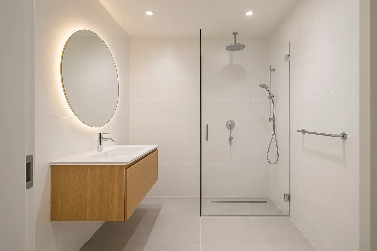 Badeværelse efter totalrenovering med walk-in bruser og microcement