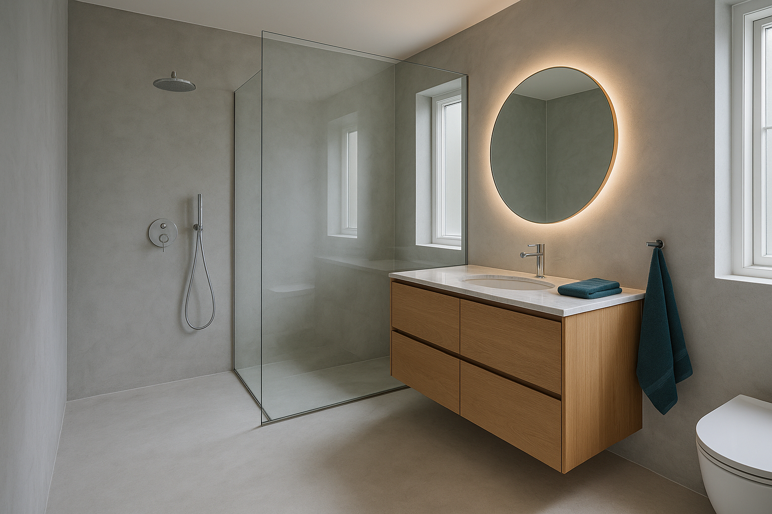Nyt luksusbadeværelse med walk-in bruser og microcement vægge i skandinavisk stil