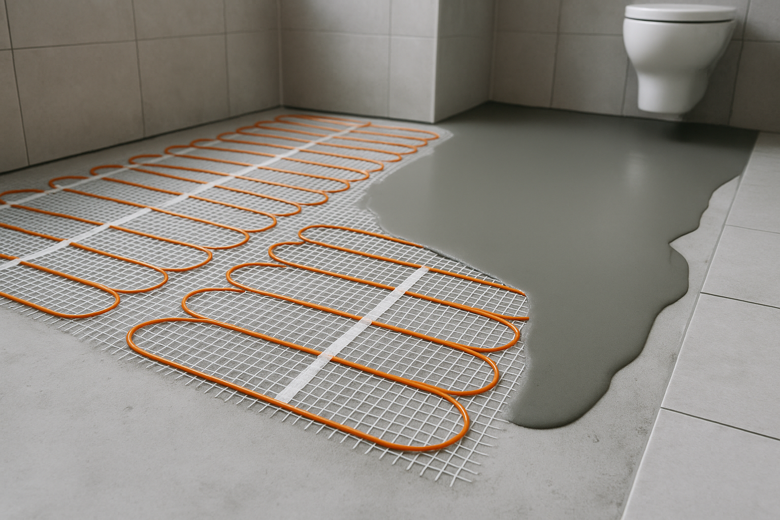 Installation af elektrisk gulvvarme i badeværelse med varmemåtte på gulv