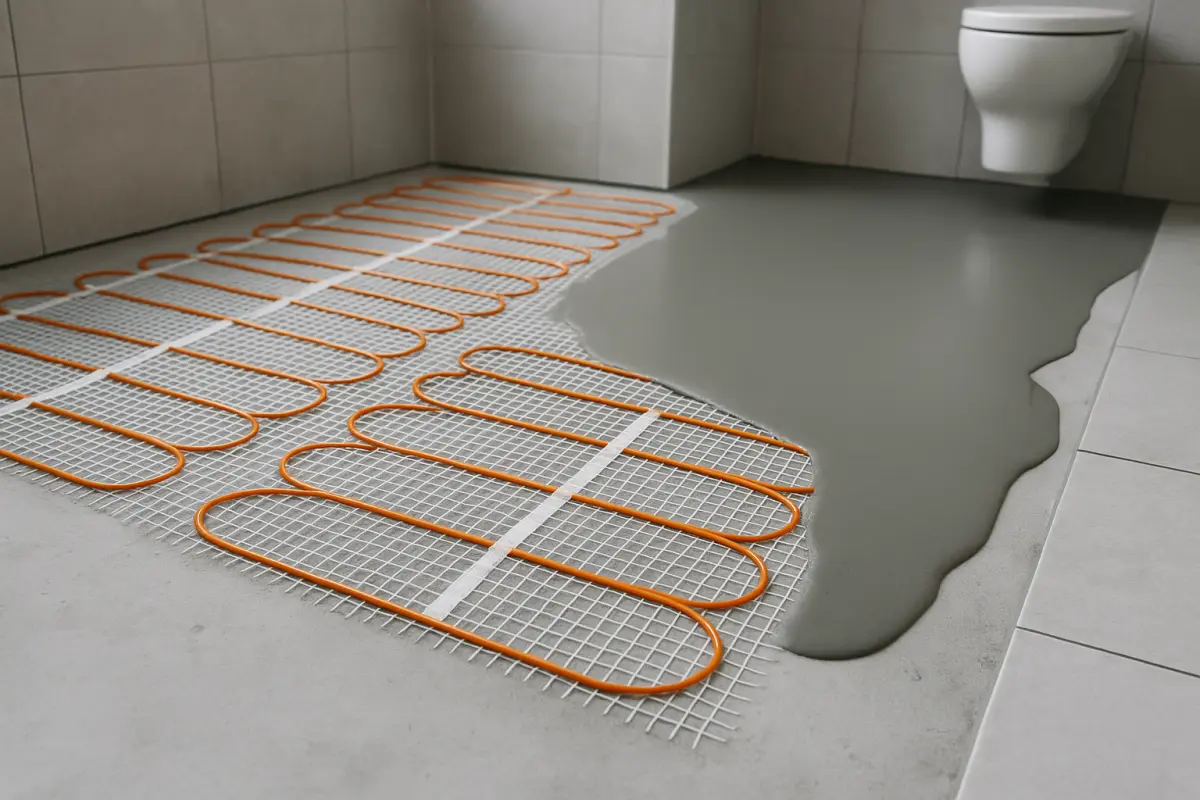 Installation af elektrisk gulvvarme i badeværelse med varmemåtte på gulv