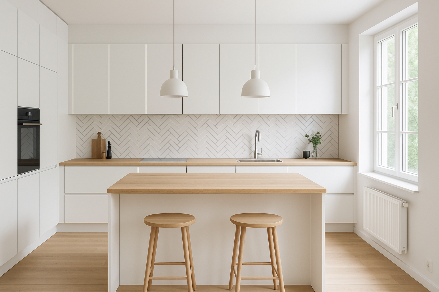 Moderne hvidt køkken med træbordplade og integrerede hvidevarer