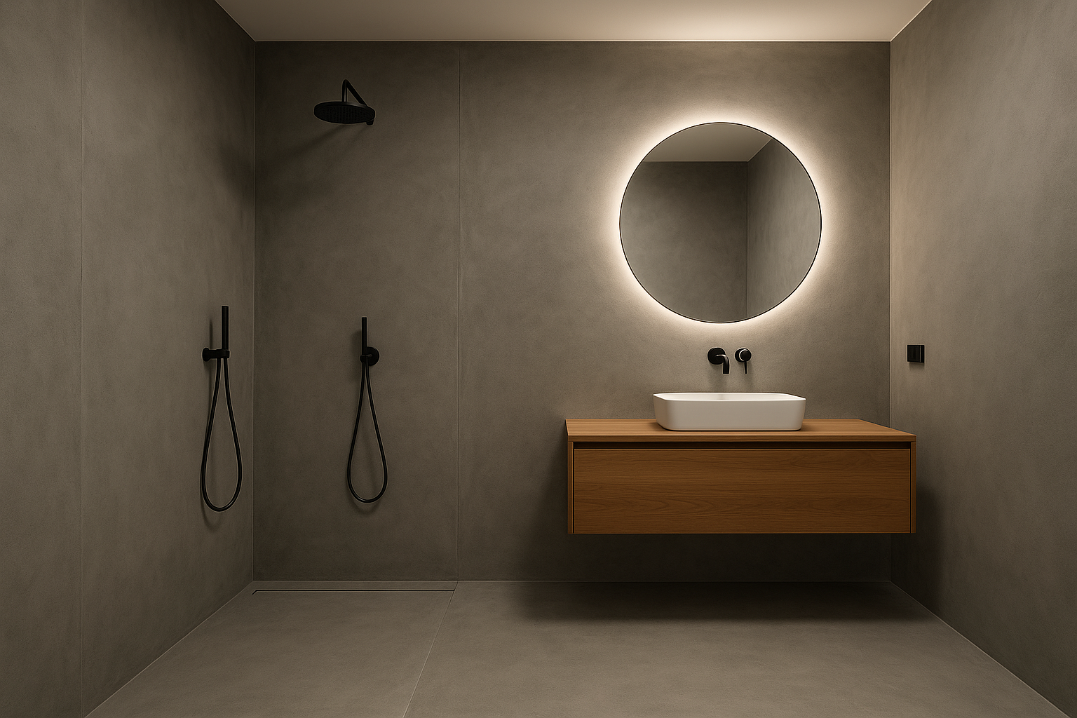 Badeværelse med grå microcement på vægge og gulv i minimalistisk stil