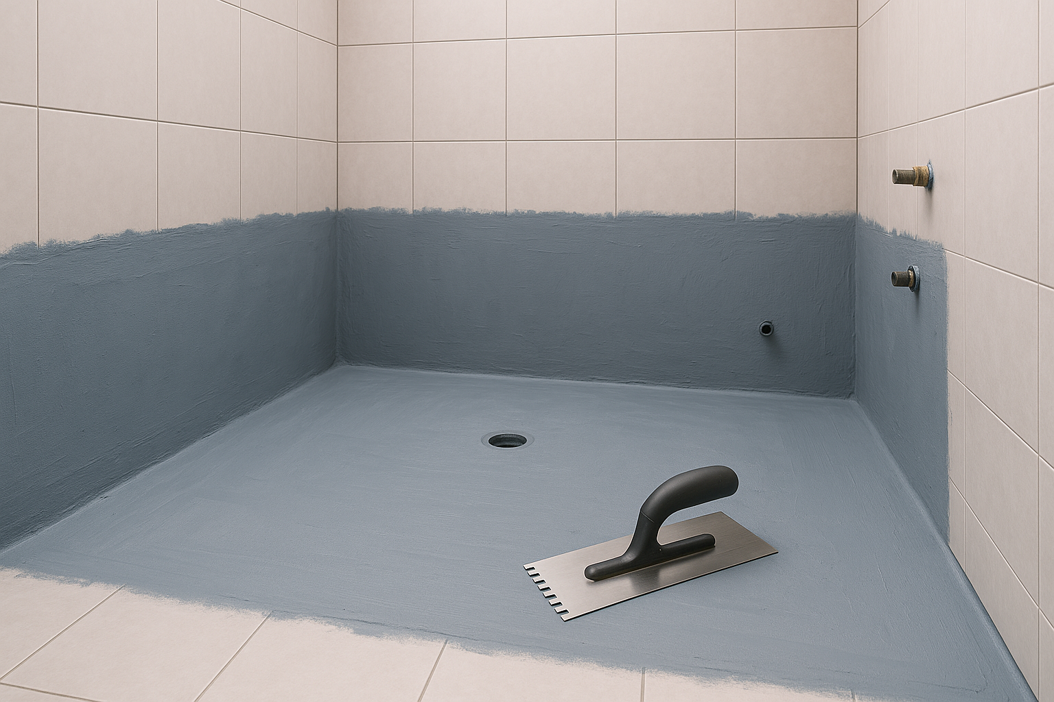 Håndværker påfører blå vådrumsikringsmembran på badeværelsesgulv